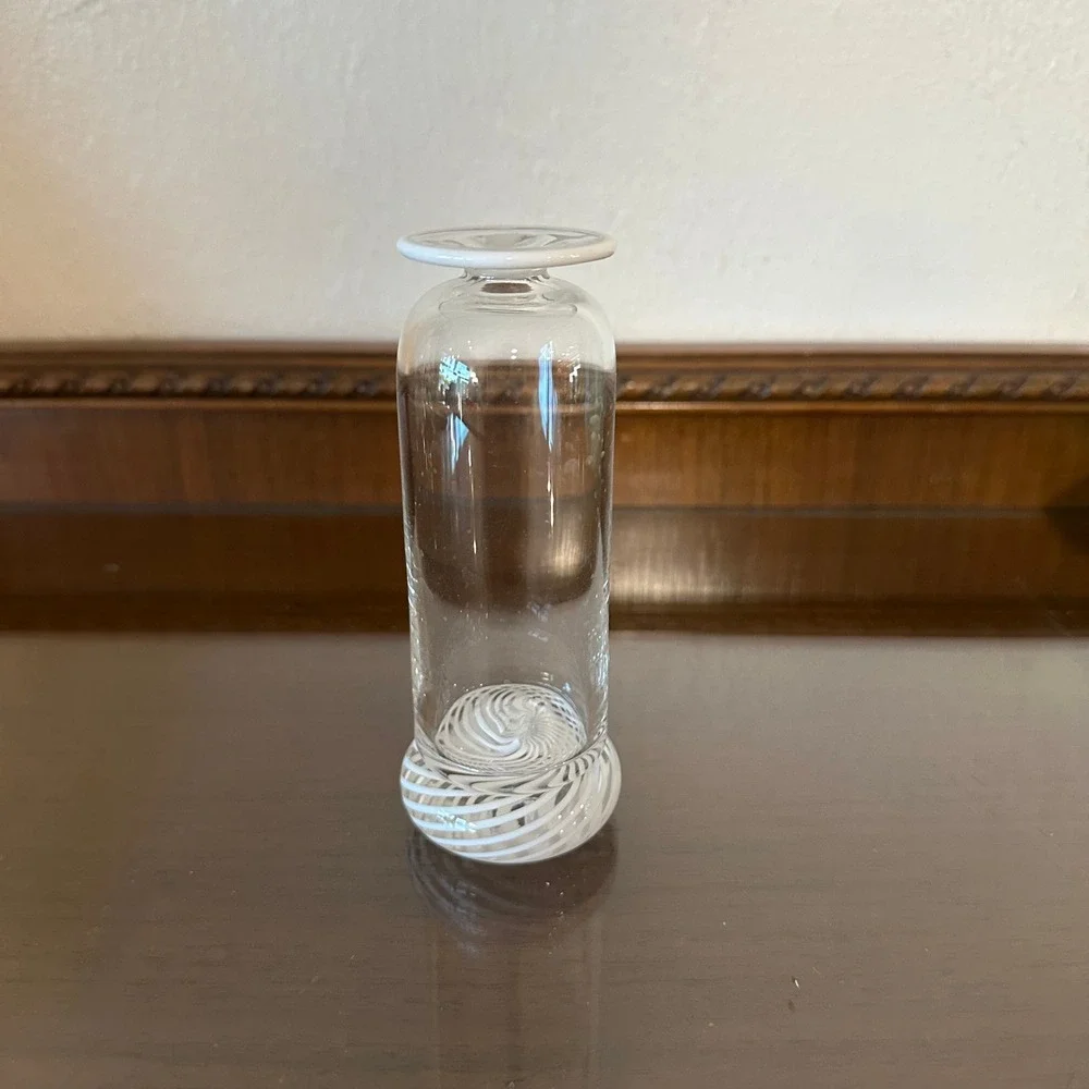 Hand Blown Glass Bud Vase Clear Latticino Swirl Base White Trim 5 Inch